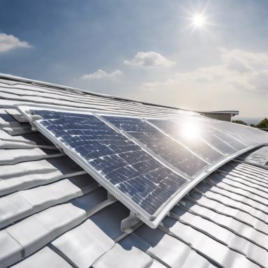 Bendable flat high-tech solar panel on a white roof, coated with ALD technology.